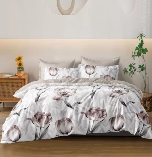 Selyra fehér bézs tulipán virág mintás ágyneműhuzat garnitúra 3 részes