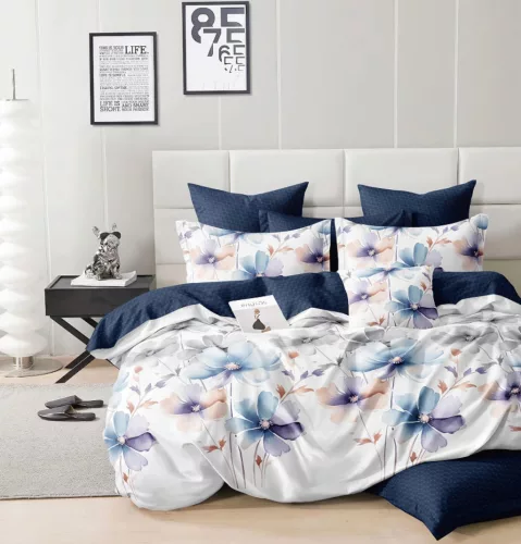 Selyra kék fehér virág mintás ágyneműhuzat garnitúra 3 részes