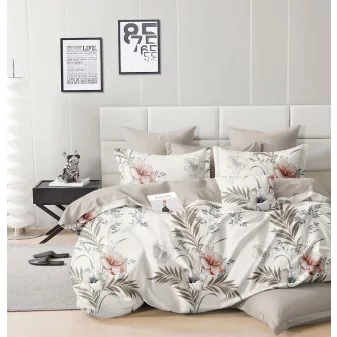   Amara bézs fehér virágmintás ágyneműhuzat garnitúra 3 részes