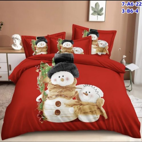 Karácsonyi ágynemű garnitúra 3 részes piros alapon hóember