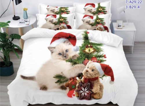 Karácsonyi ágynemű garnitúra 3 részes kutyus cicás minta