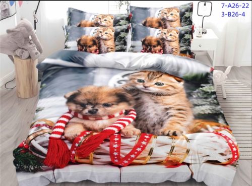 Karácsonyi ágynemű garnitúra 3 részes sálas kutyus cicás minta