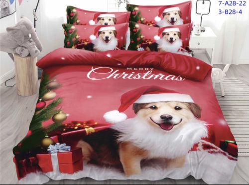 Karácsonyi ágynemű garnitúra 3 részes piros kutyus minta