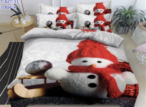 Karácsonyi ágynemű garnitúra 3 részes piros sapkás hóember