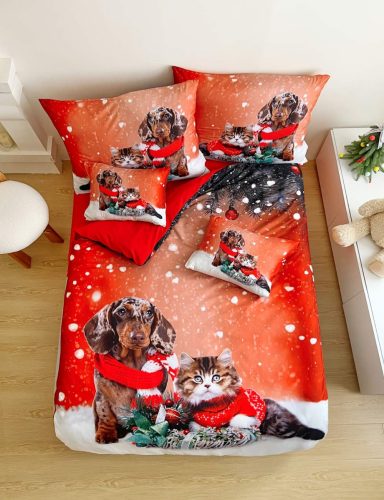 Karácsonyi ágynemű garnitúra 3 részes tacskós cicás minta