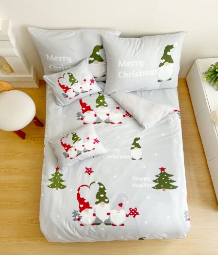 Karácsonyi ágynemű garnitúra 3 részes fehér sapkás manók