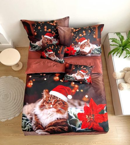 Karácsonyi ágynemű garnitúra 3 részes piros fekete cicás