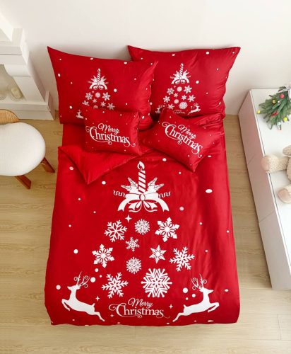 Karácsonyi ágynemű garnitúra 3 részes piros kis rénszarvas