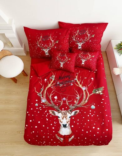 Karácsonyi ágynemű garnitúra 3 részes piros nagy rénszarvas
