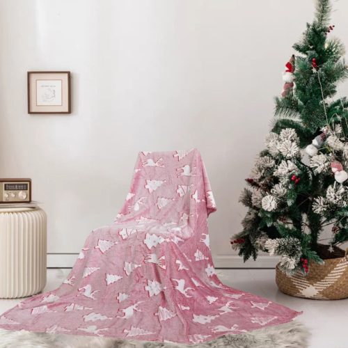 Karácsonyi plüss pléd sötétben világítós rózsaszín karácsonyfa 200x230cm