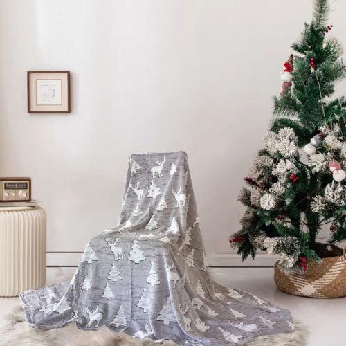 Karácsonyi plüss pléd sötétben világítós karácsonyfa szürke 200x230cm